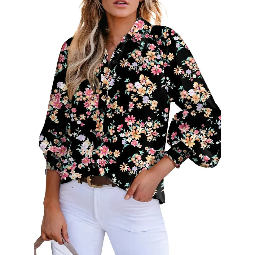 Women’s Floral Chiffon   Button Down Blouse – V   Neck Long Sleeve Casual   Boho Shirt