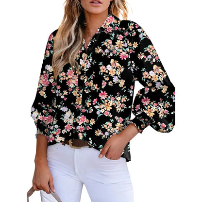 Women’s Floral Chiffon   Button Down Blouse – V   Neck Long Sleeve Casual   Boho Shirt