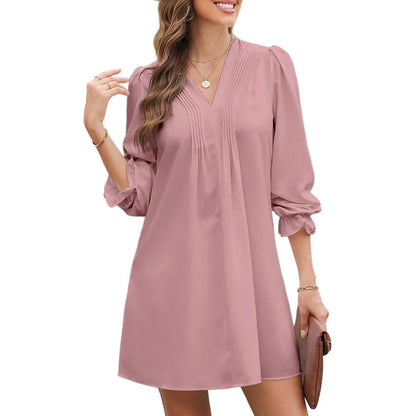 Women’s Casual   V-Neck A-Line   Dress – Ruffle   Sleeve Pleated   Flowy Midi Dress