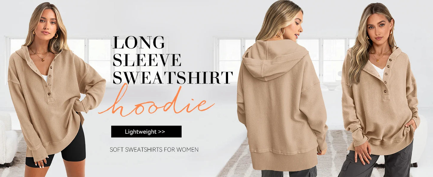 Women's Oversized   Button V-Neck Hoodie   Sweatshirt Long Sleeve   Side Slit Casual Fall   Pullover Top