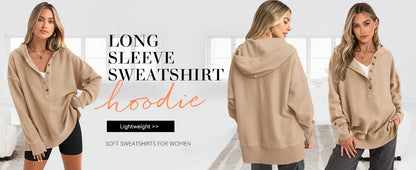 Women's Oversized   Button V-Neck Hoodie   Sweatshirt Long Sleeve   Side Slit Casual Fall   Pullover Top