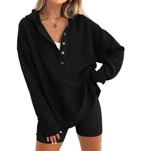 Women's Oversized   Button V-Neck Hoodie   Sweatshirt Long Sleeve   Side Slit Casual Fall   Pullover Top