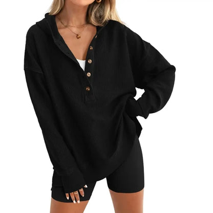 Women's Oversized   Button V-Neck Hoodie   Sweatshirt Long Sleeve   Side Slit Casual Fall   Pullover Top
