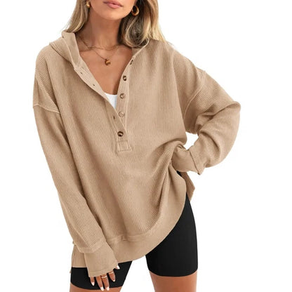 Women's Oversized   Button V-Neck Hoodie   Sweatshirt Long Sleeve   Side Slit Casual Fall   Pullover Top