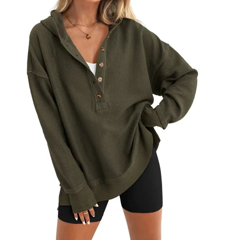 Women's Oversized   Button V-Neck Hoodie   Sweatshirt Long Sleeve   Side Slit Casual Fall   Pullover Top