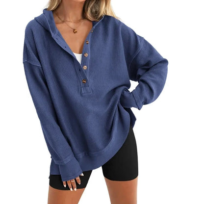 Women's Oversized   Button V-Neck Hoodie   Sweatshirt Long Sleeve   Side Slit Casual Fall   Pullover Top