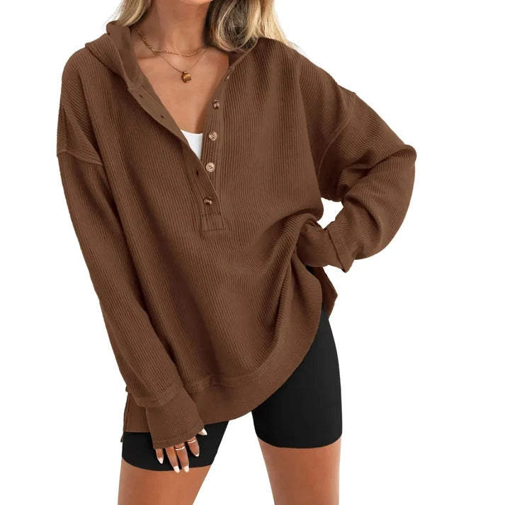 Women's Oversized   Button V-Neck Hoodie   Sweatshirt Long Sleeve   Side Slit Casual Fall   Pullover Top