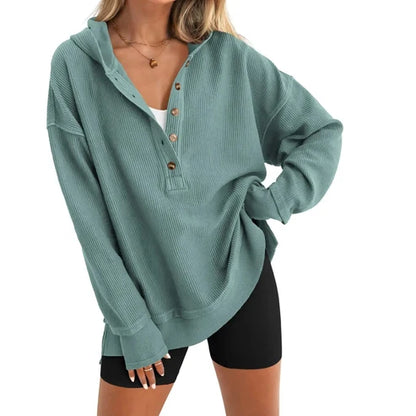 Women's Oversized   Button V-Neck Hoodie   Sweatshirt Long Sleeve   Side Slit Casual Fall   Pullover Top