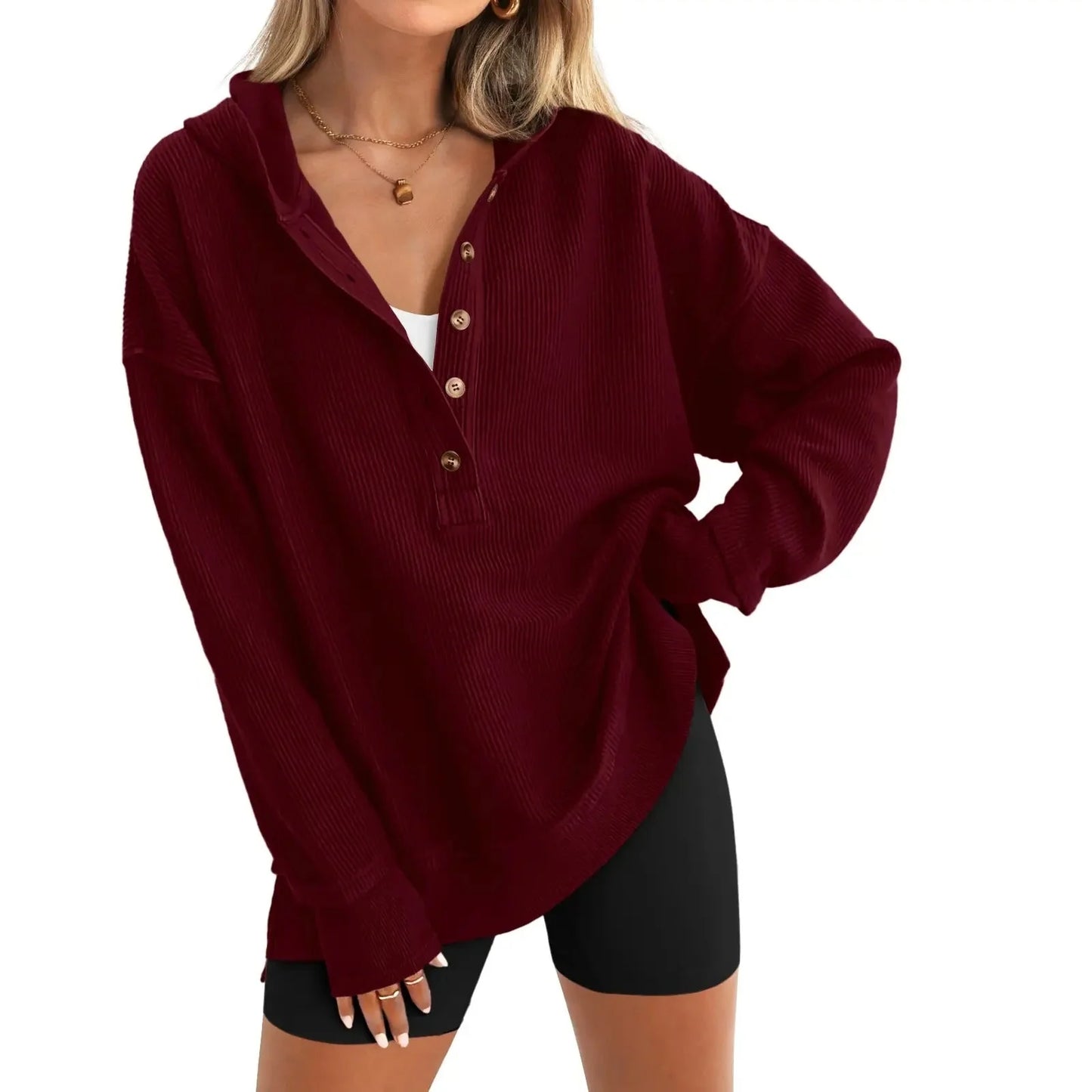 Women's Oversized   Button V-Neck Hoodie   Sweatshirt Long Sleeve   Side Slit Casual Fall   Pullover Top