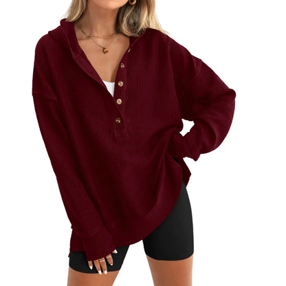 Women's Oversized   Button V-Neck Hoodie   Sweatshirt Long Sleeve   Side Slit Casual Fall   Pullover Top