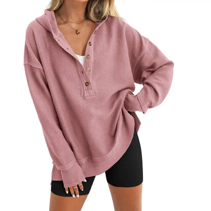 Women's Oversized   Button V-Neck Hoodie   Sweatshirt Long Sleeve   Side Slit Casual Fall   Pullover Top