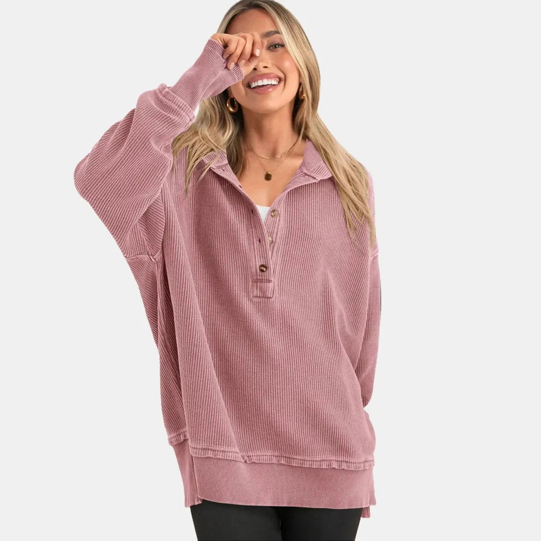 Women's Oversized   Button V-Neck Hoodie   Sweatshirt Long Sleeve   Side Slit Casual Fall   Pullover Top