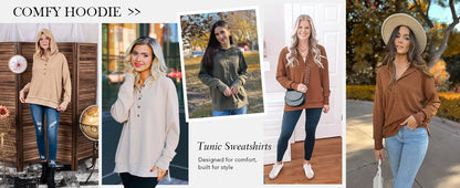 Women's Oversized   Button V-Neck Hoodie   Sweatshirt Long Sleeve   Side Slit Casual Fall   Pullover Top