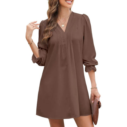 Women’s Casual   V-Neck A-Line   Dress – Ruffle   Sleeve Pleated   Flowy Midi Dress