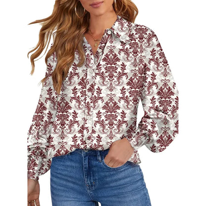 Women’s Floral Chiffon   Button Down Blouse – V   Neck Long Sleeve Casual   Boho Shirt