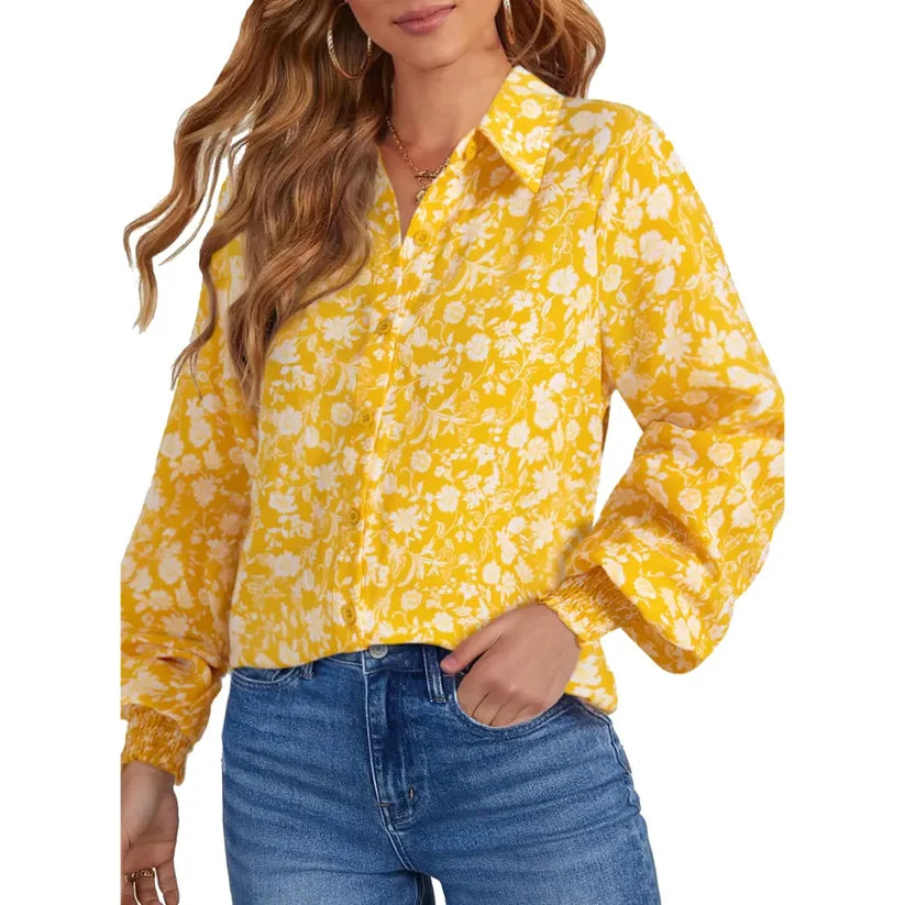 Women’s Floral Chiffon   Button Down Blouse – V   Neck Long Sleeve Casual   Boho Shirt