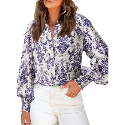 Women’s Floral Chiffon   Button Down Blouse – V   Neck Long Sleeve Casual   Boho Shirt