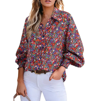 Women’s Floral Chiffon   Button Down Blouse – V   Neck Long Sleeve Casual   Boho Shirt