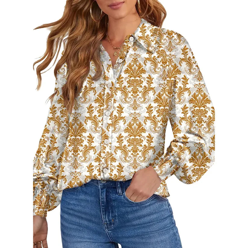 Women’s Floral Chiffon   Button Down Blouse – V   Neck Long Sleeve Casual   Boho Shirt