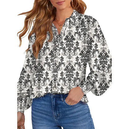 Women’s Floral Chiffon   Button Down Blouse – V   Neck Long Sleeve Casual   Boho Shirt