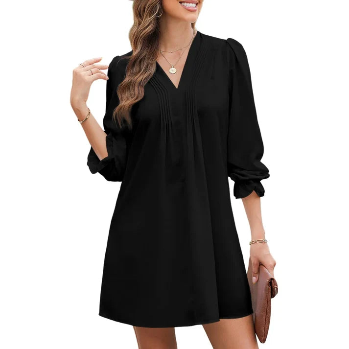 Women’s Casual   V-Neck A-Line   Dress – Ruffle   Sleeve Pleated   Flowy Midi Dress