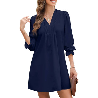 Women’s Casual   V-Neck A-Line   Dress – Ruffle   Sleeve Pleated   Flowy Midi Dress