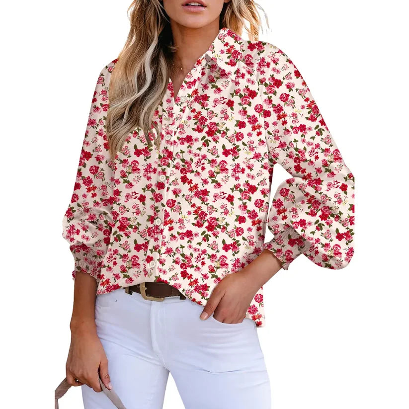 Women’s Floral Chiffon   Button Down Blouse – V   Neck Long Sleeve Casual   Boho Shirt