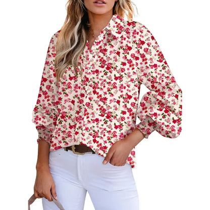 Women’s Floral Chiffon   Button Down Blouse – V   Neck Long Sleeve Casual   Boho Shirt